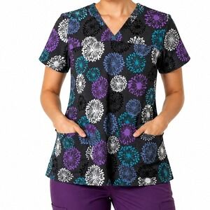 Sanibel Scrubs V-Neck Top Women S Purple Teal Floral Burst Elastic Back Waist